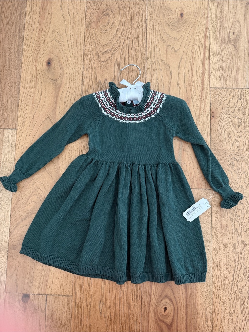 NWT Girls Green Knit Long-Sleeve Dress with Embroidered Yoke